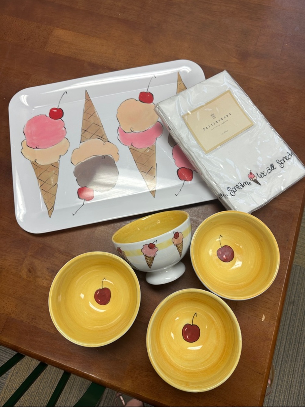 Pottery Barn Ice Cream & Cherry Ceramic Bowl Set